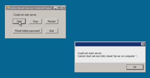 Unity asset server error popup