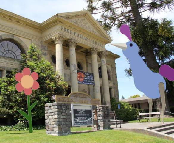 Peck Peck, an animated character created by Wiggle Planet, stands outside the Petaluma Historical Library & Museum.